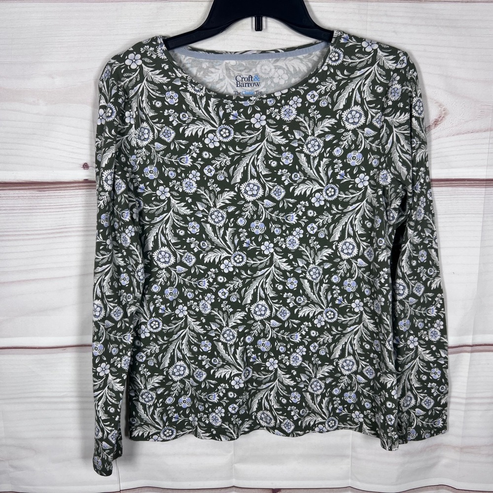 Croft & Barrow Long Sleeve T-Shirt Womens Small Green Floral Classic Tee Cotton